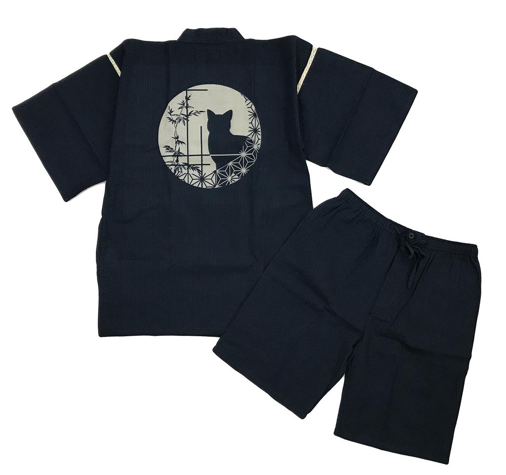 Jinbei Shijira Weave Cool Summer Cotton Discharge Printed Cat Pattern Original Pattern Round Window Cat Navy M [Edoten] 100% Men's