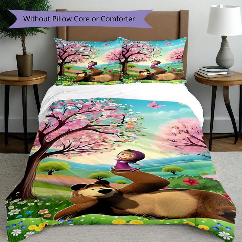 3pcs Duvet Cover Set (1*Duvet Cover + 2*Pillowcase, Without Core),Masha and The Bear Print Bedding Set, Bedroom Decor, All‑Season, Birthday Gift