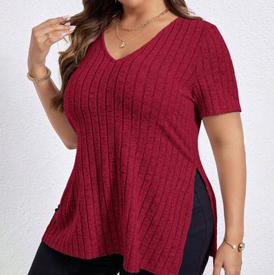 Весенне-летний однотонный женский топ больших размеров с v-образным вырезом и короткими рукавами, пуловер с разрезом, футболка