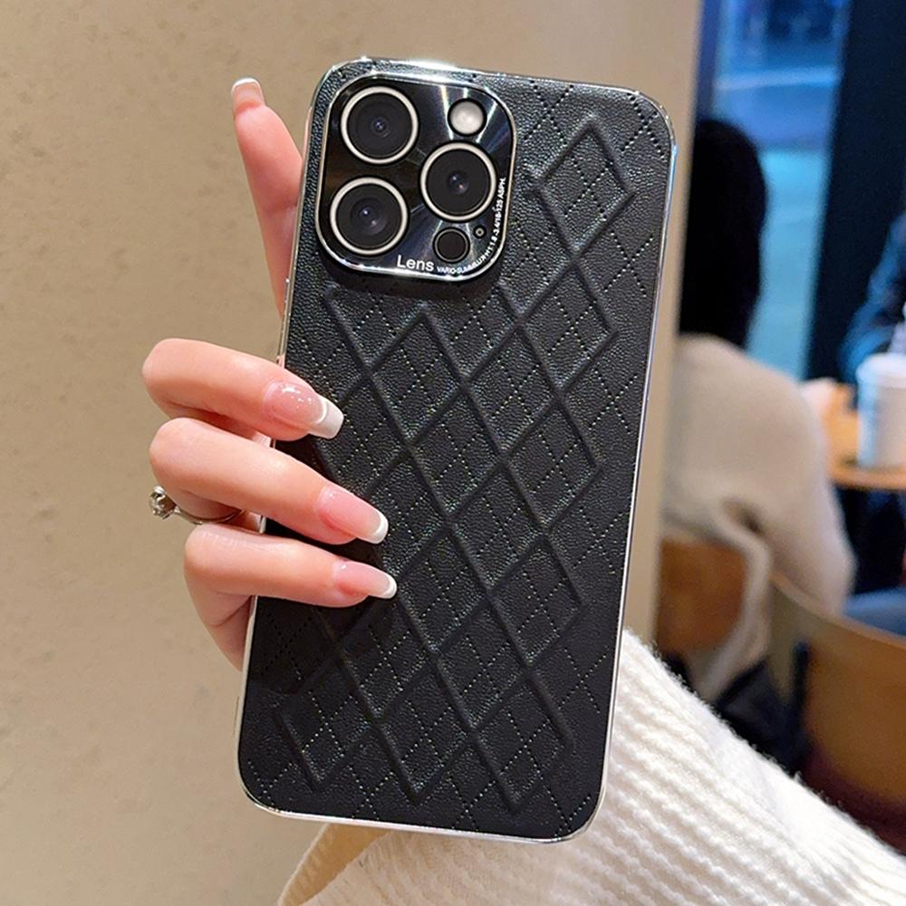 For iPhone 15 Pro Case Electroplated Silver Edge Rhombus Pattern PC + PU Leather Phone Back Cover