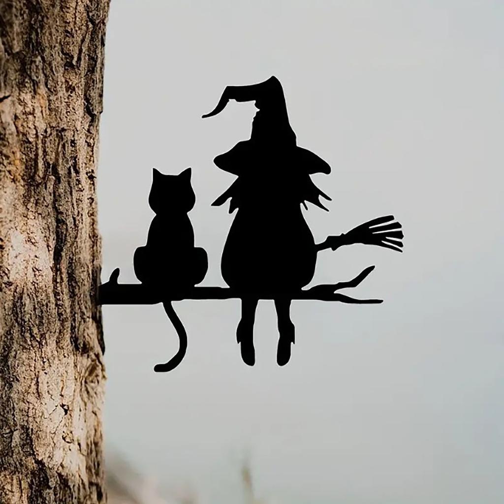 Metal Silhouette Cute Witch And Cat Garden Tree Stump Yard Art Decorative Tree Stump Plugin Garden