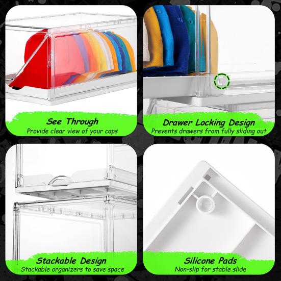 Органайзер для кепок Прозрачный дизайн Держатель для шляп с выдвижным лотком Штабелируемый ящик для хранения с магнитной дверцей