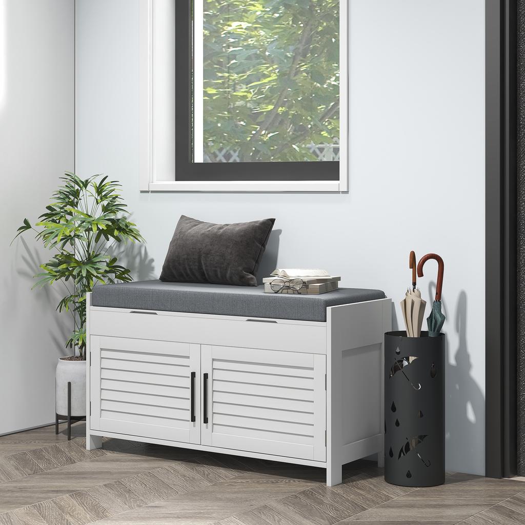 Shoe Bench with Internal Shelf Adjustable on 6 Levels, in MDF and Faux Linen, 90x36x50 cm, White and Grey