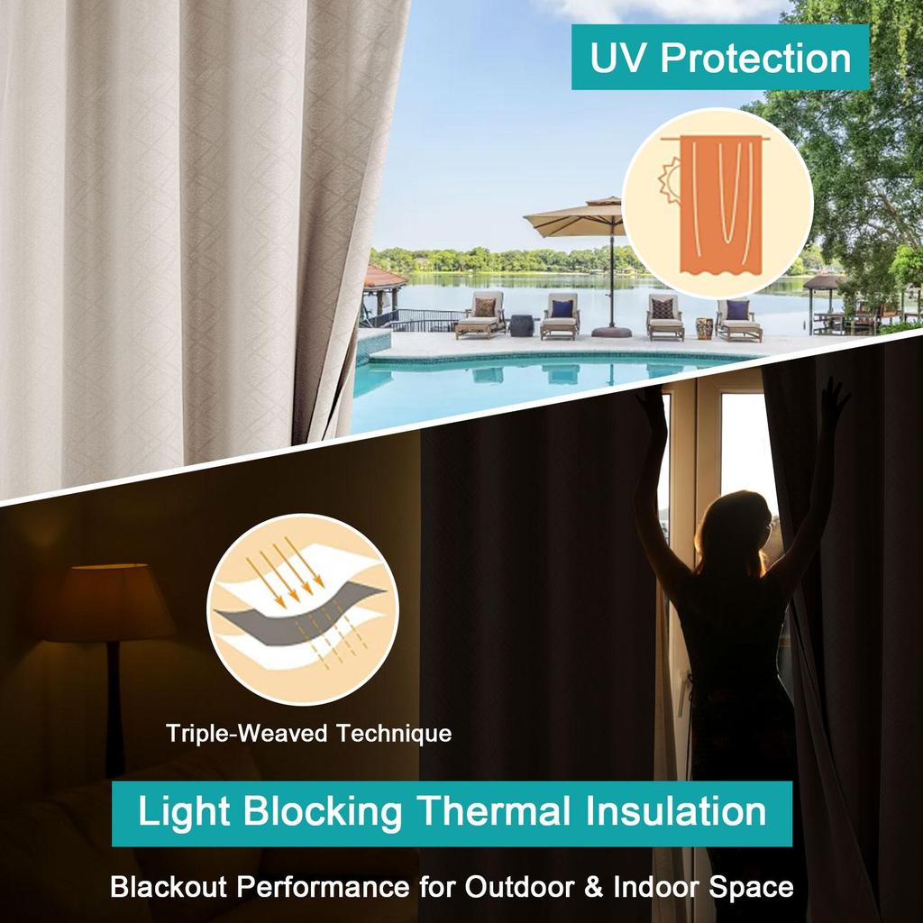 1 Panel Outdoor Curtains, Waterproof UV Protection Blackout Curtain with Eyelets, 3D Textured Indoor Outdoor Drapes for Garden, Pergola, Gazebo