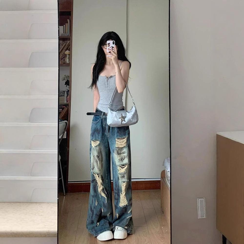 Ретро Джинсовые брюки с дырками Женские Дизайнерские Брюки Нищего С высокой талией Для невысоких Прямые Широкие Длинные брюки Длинные джинсы