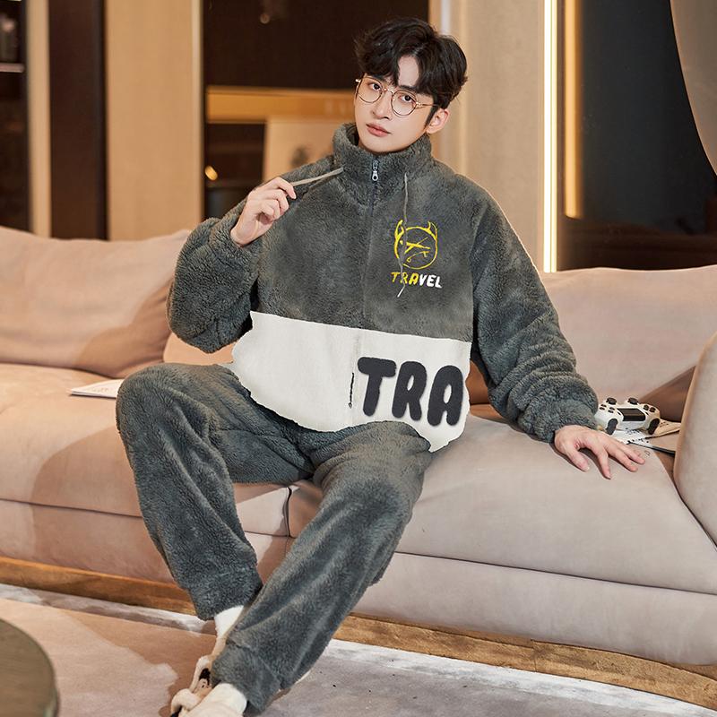 Антистатический коралловый флис мужской зимний пижамный комплект утепленная фланель теплая пижама большого размера на молнии мягкая мужская пижама домашняя одежда