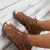 New Women's Peep Toe Sandals Summer Fashion Wedge Lace-up Hollow Roman Sandals Beach Shoes