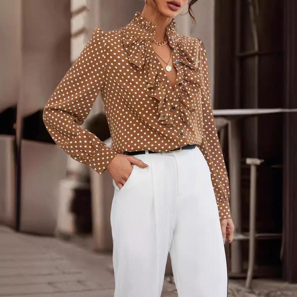 Элегантный топ с длинными рукавами, воротником-стойкой и винтажной отделкой в горошек, женские блузки и рубашки
