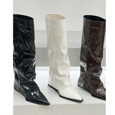 Коровья кожа~ Сапоги Женские сапоги Высокие, но до колена Узкие Черная лакированная кожа Острый носок Клиновидный каблук Сапоги для ношения с брюками