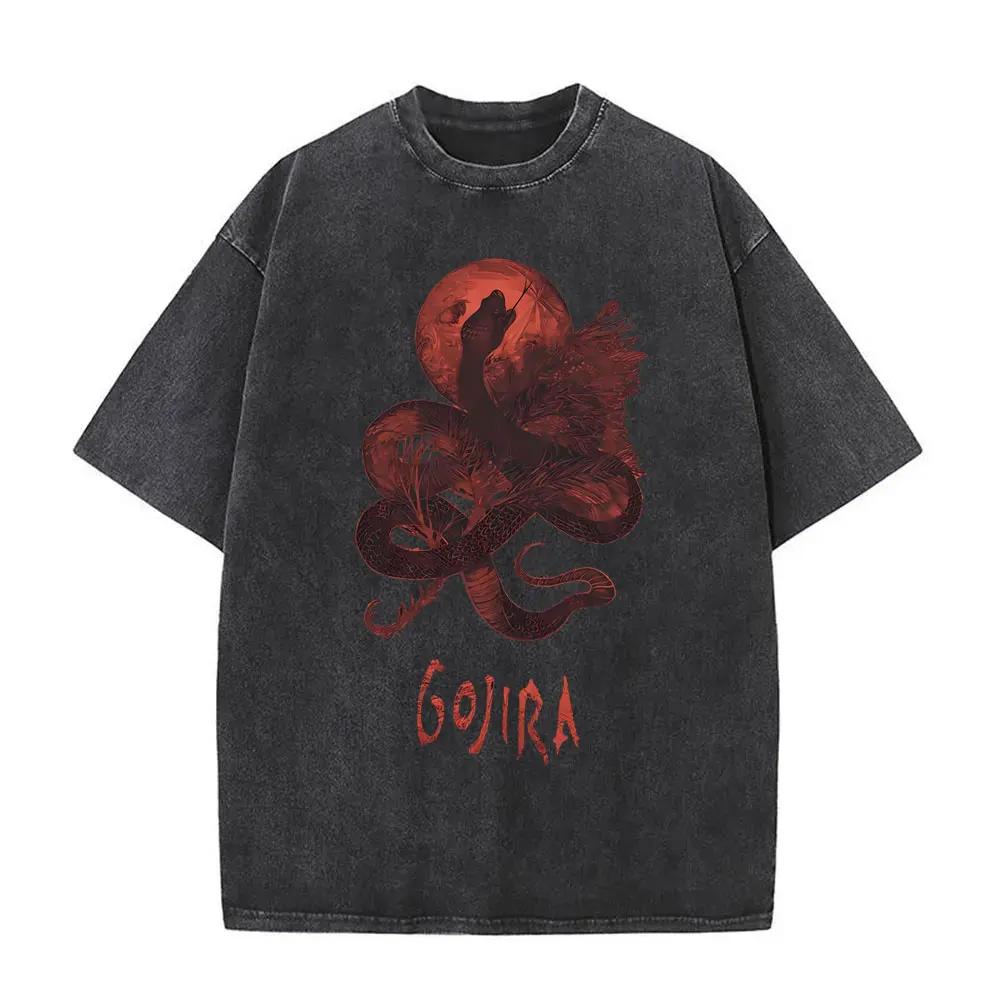 Стирка Винтажная Металлическая Группа Gojira Графическая Футболка Fortitude Мужская Мода Ретро Рок Футболки Мужская Хлопковая Оверсайз Футболка