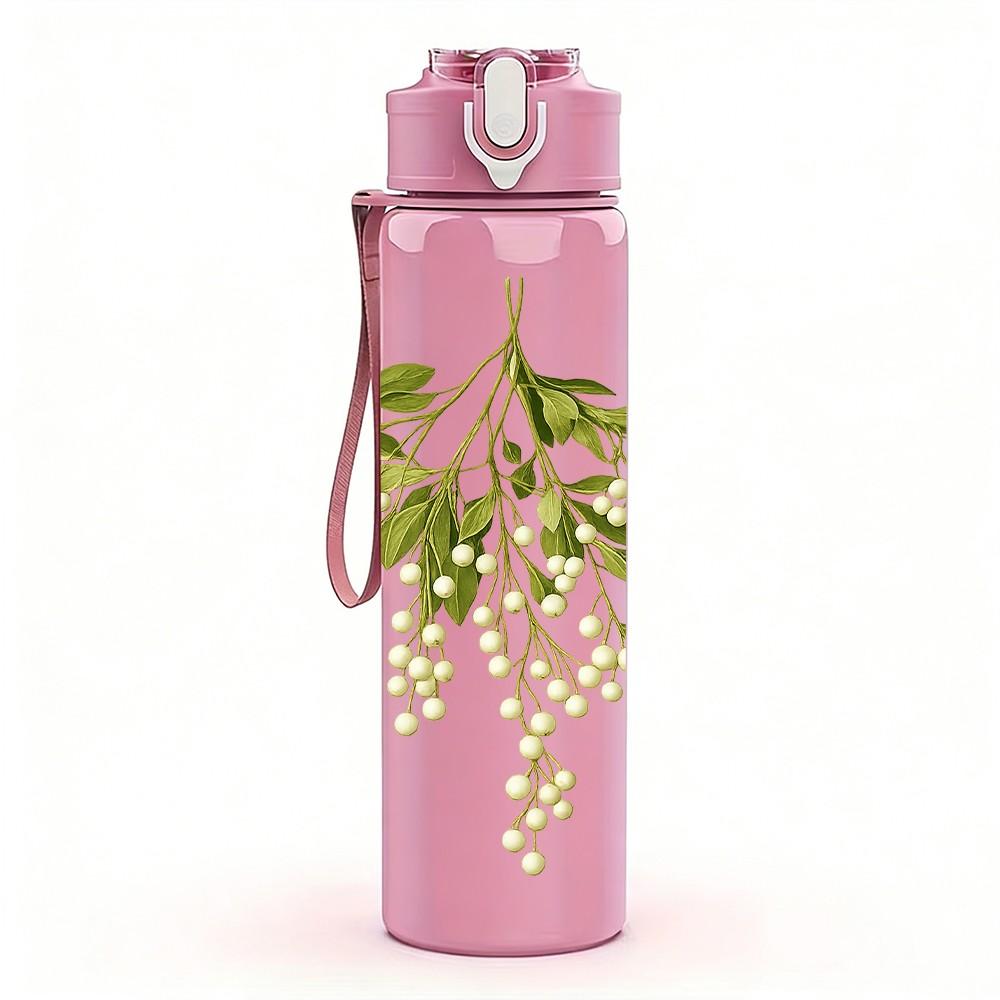 1PC White Mistletoe Branch Floral Print 750ml Color Plastic Sports Water Bottle Leakproof Flip Straw Lid Suitable for Sports Office Home Use