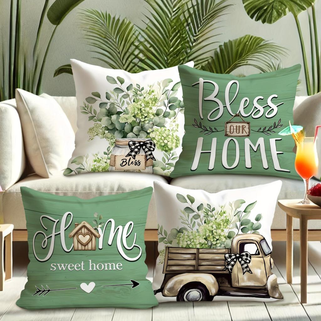 Rusty-charm Pillow Cover: Eucalyptus, Vintage Truck and Heartfelt Home-blessing Quotes, Sofa Chair Decorative Cushion Cover