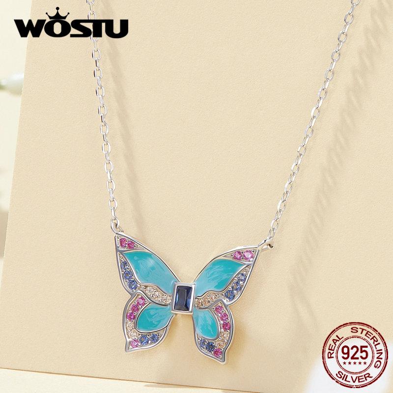 WOSTU 925 Sterling Silver Colorful Butterfly Charm Necklace Spring Jewelry Gift For Cute Insect Chain Necklace Birthday Gift
