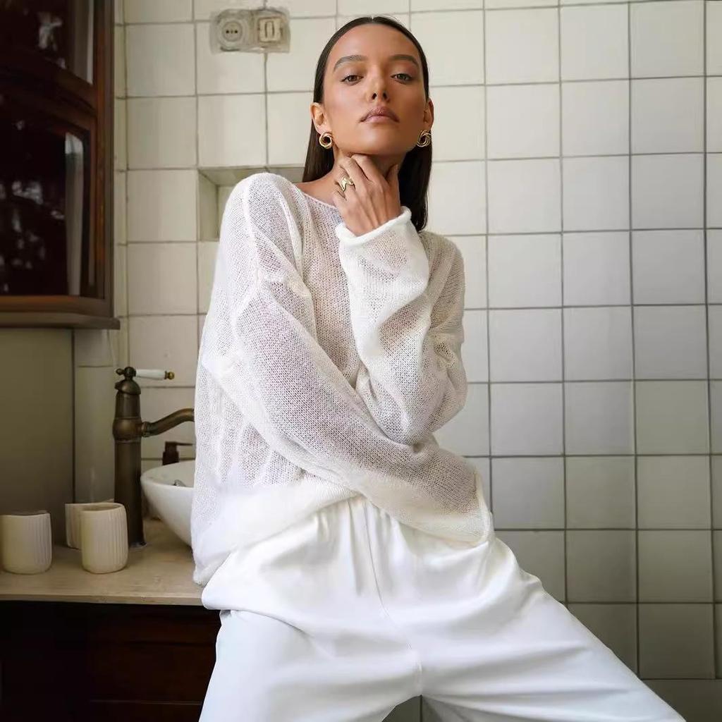 2025 Spring/Summer European-American Hollow Knit Sweater: Women's Thin, Large Round Neck, Trumpet Sleeve T-Shirt