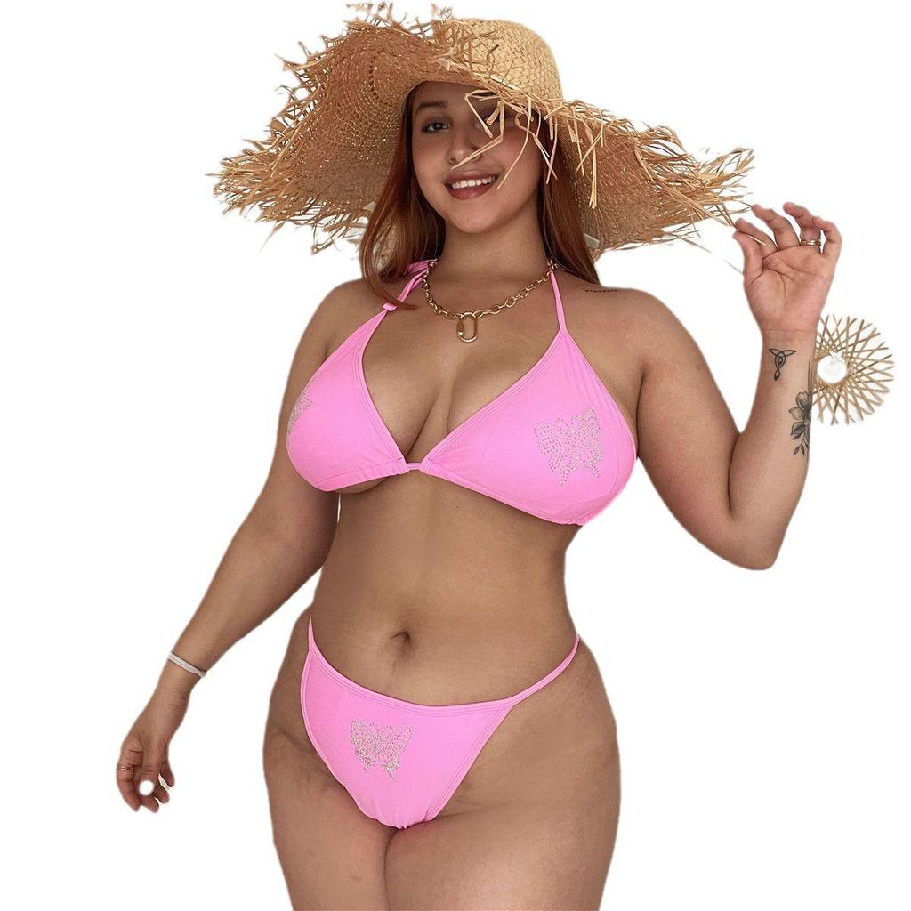 European & American Plus Size Rhinestone Lace-up Swimsuit - Hot Selling Solid Color Bikini ZY066