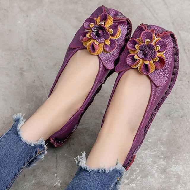 Women Loafers Genuine Split Leather Flat Heels Flower Round Toe Soft Solid Sandals Platform Ladies Shoes