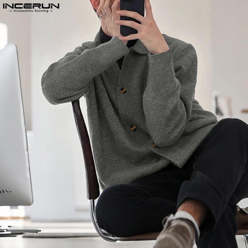 INCERUN Men's Lapel Neck Long Sleeve Buttons Knitted Casual Cardigan Tops