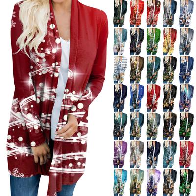 Женский кардиган с рождественским принтом и длинными рукавами спереди, легкая куртка с принтом