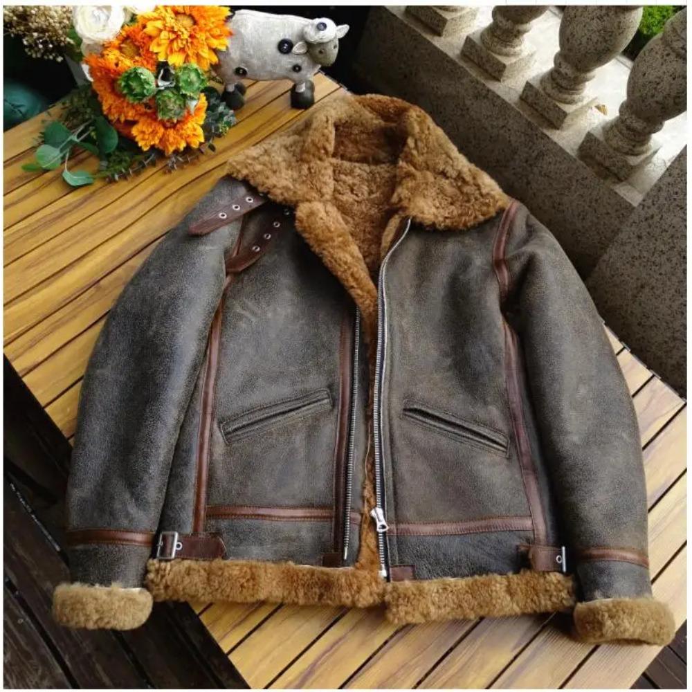 Thick Winter Warm 100% Fur Jacket.Air Force B3 Tpye Genuine Shearling Coat.Men Real Wool Cloth