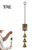 Pastoral Style Wind Bells Vintage Metal Owl Chime with 3 Bells, Hollow Hanging Ornament, Rustic Bronze Door Chimes Retro Pendant for Garden