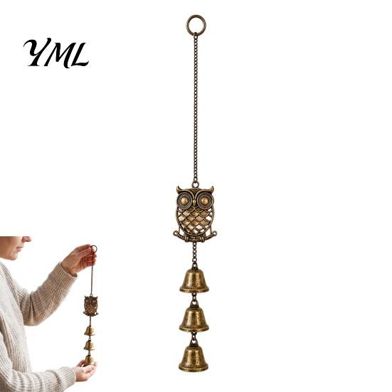 Pastoral Style Wind Bells Vintage Metal Owl Chime with 3 Bells, Hollow Hanging Ornament, Rustic Bronze Door Chimes Retro Pendant for Garden