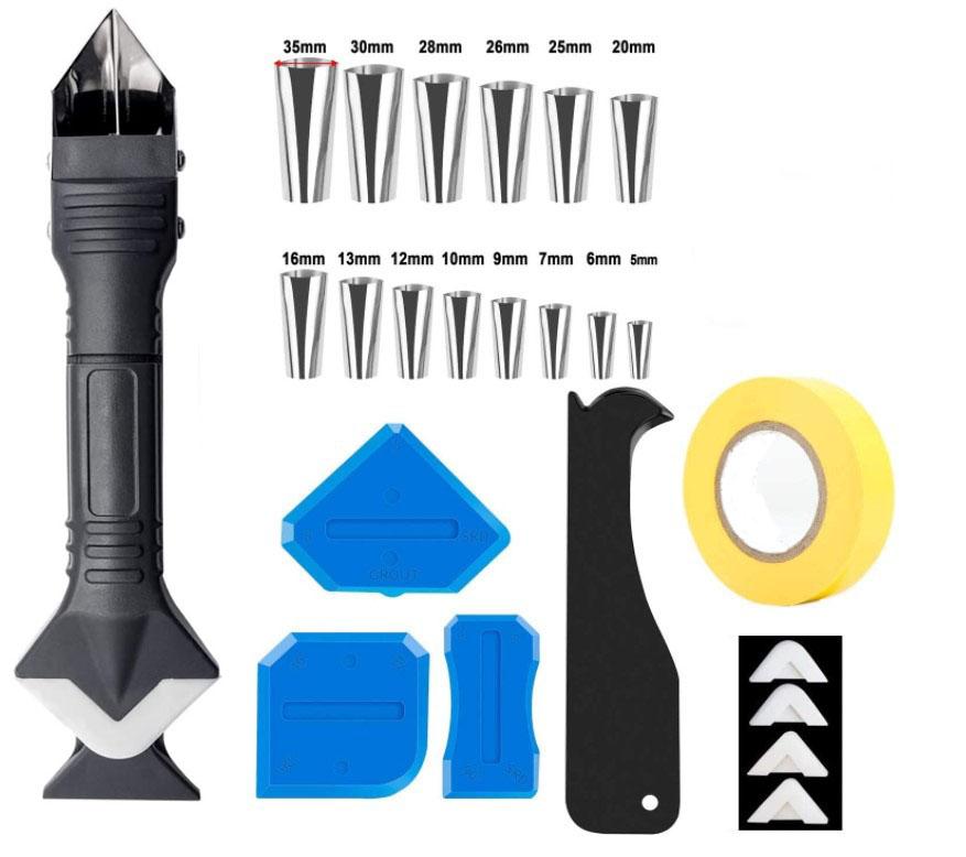 6 in 1 Silicone Reusable Caulking Tools Sealant Finishing Grout Scraper 14Pcs Caulk Nozzle Applicator Finisher Kit