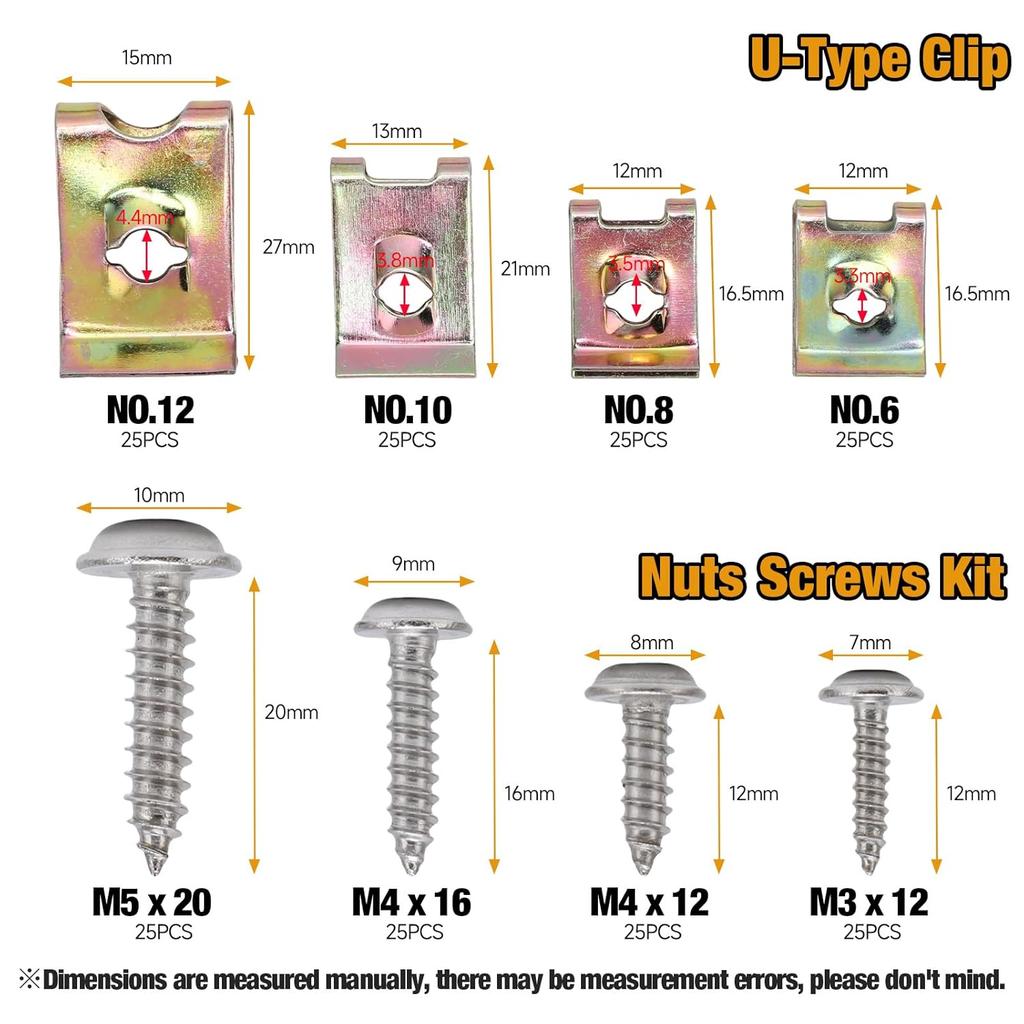 Автомобильные Винты и Клипсы, 100 шт. Автомобильные U-образные Гайки-Клипсы 6/8/10/12 Ассортимент Крепежные Элементы для Внутренней Отделки С Винтами из Нержавеющей Стали Для Приборной Панели Дверной Панели