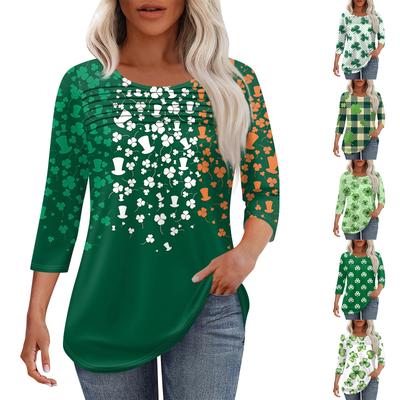 Женская мода круглый вырез шея плиссированная передняя планка однотонный топ рукав 3/4