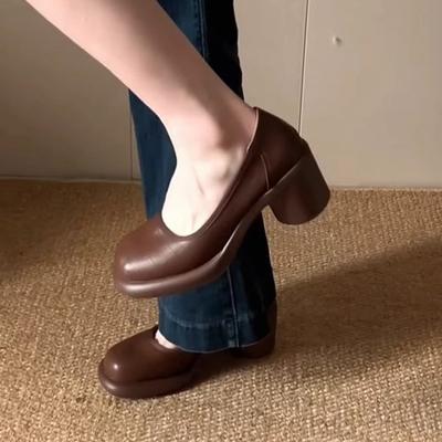 2025 весна и осень новые французские ретро коричневые туфли Мэри Джейн на толстом каблуке женские с круглым носком для маленькой ноги не устают ноги высокий каблук