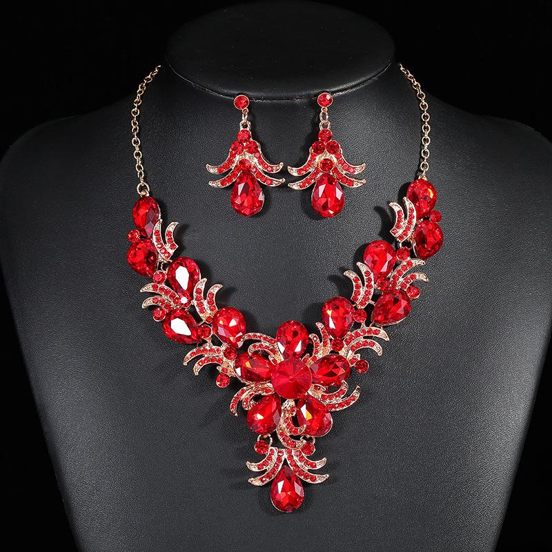 Retro Court Colorful Flower Crystal Jewelry Set, Alloy Clavicle Chain Necklace Earrings For Women