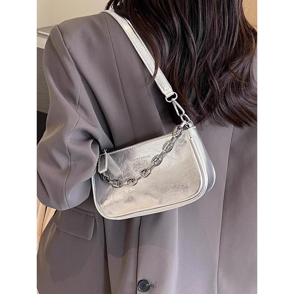 Customer Order High-end Pearlescent Silver Small Bag Women's 2025 New Versatile Shoulder Mahjong Bag Underarm Bag Messenger Bag