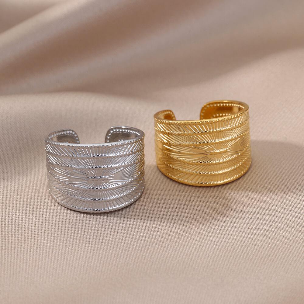 Европейско-американское геометрическое кольцо из нержавеющей стали с листиком - позолота 18 карат, регулируемое для мужчин и женщин