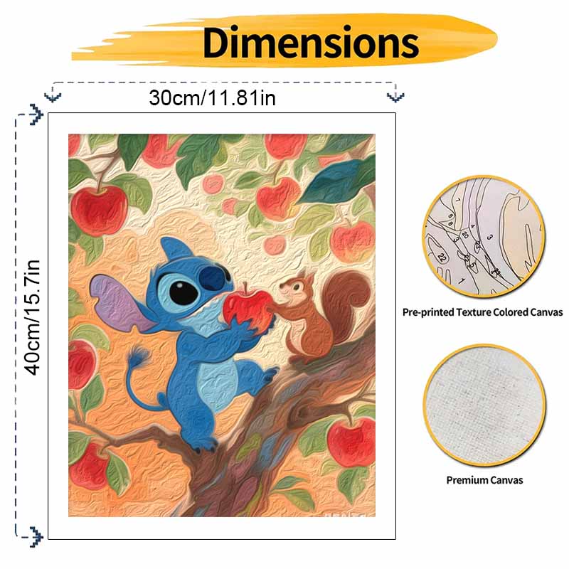 Disney Digital Oil Painting Art Kit Stitch and Squirrel Apple Tree Hand Filled Home Decor