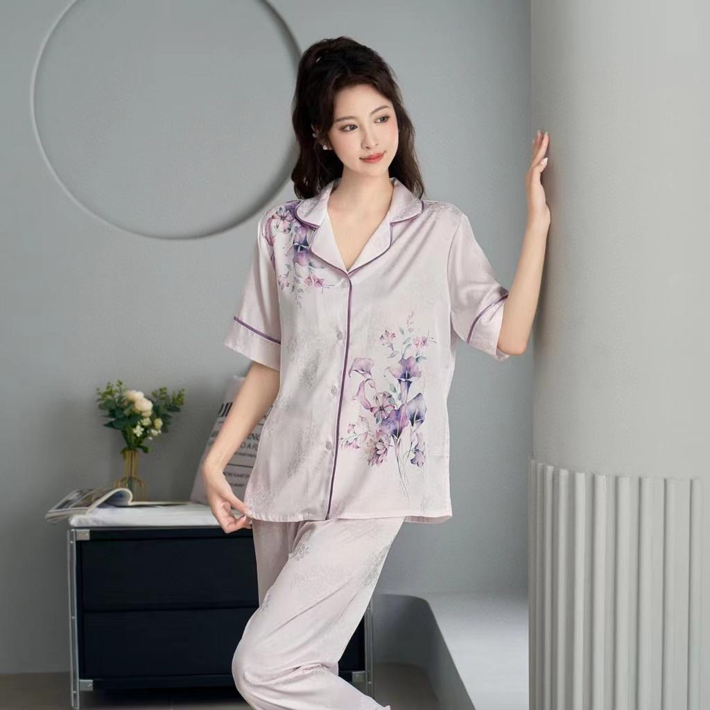 1011 New Spring and Summer Women's Pajamas Women's Autumn Ice Silk Homewear Short Sleeve Pants Jacquard Set