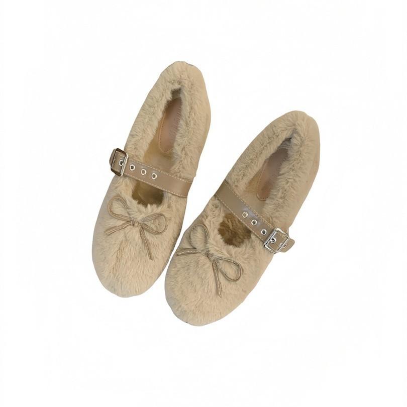 2025 осень и зима удобные универсальные туфли из хлопка с круглым носком и мягкой подошвой, с бантом, ремешком с пряжкой, на плоской подошве, пушистые туфли