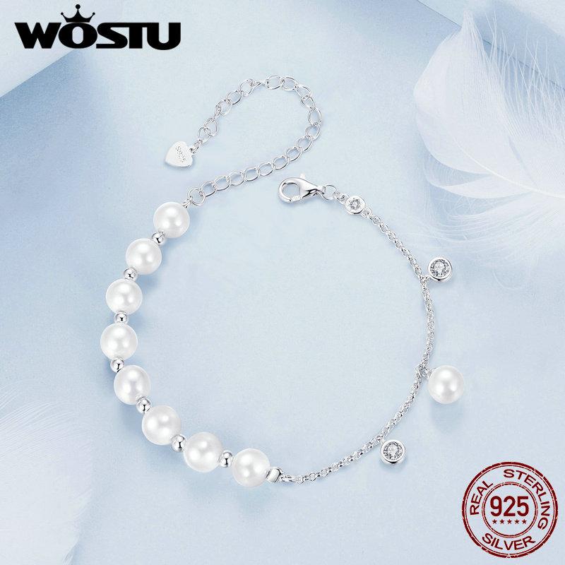 WOSTU 925 Sterling Silver White Pearl With Shiny Zircon Tassel Bracelets Elegant Jewelry Pearl Chain Links Gift for mom Lover
