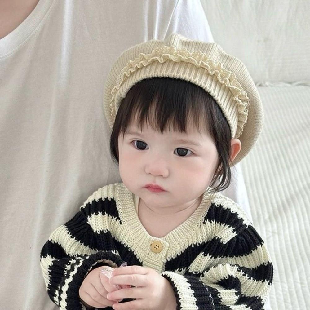 Winter Warm Knitted Hat Lace Ruffled Pullover Hat Fashion Baby Beret Hat For Toddlers