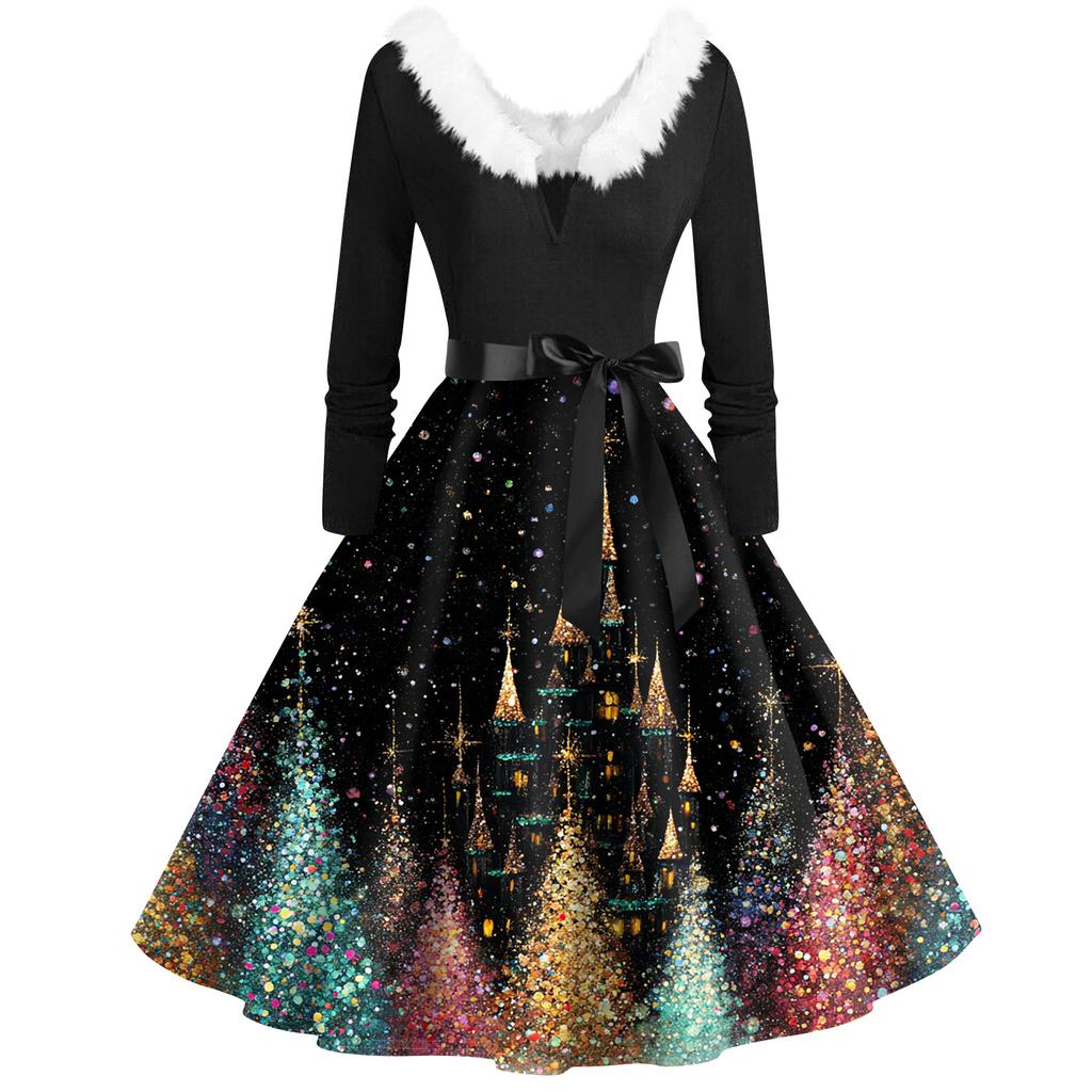 Женская мода с v-образным вырезом, повседневные тонкие рождественские платья с воротником из волос и длинными рукавами с принтом