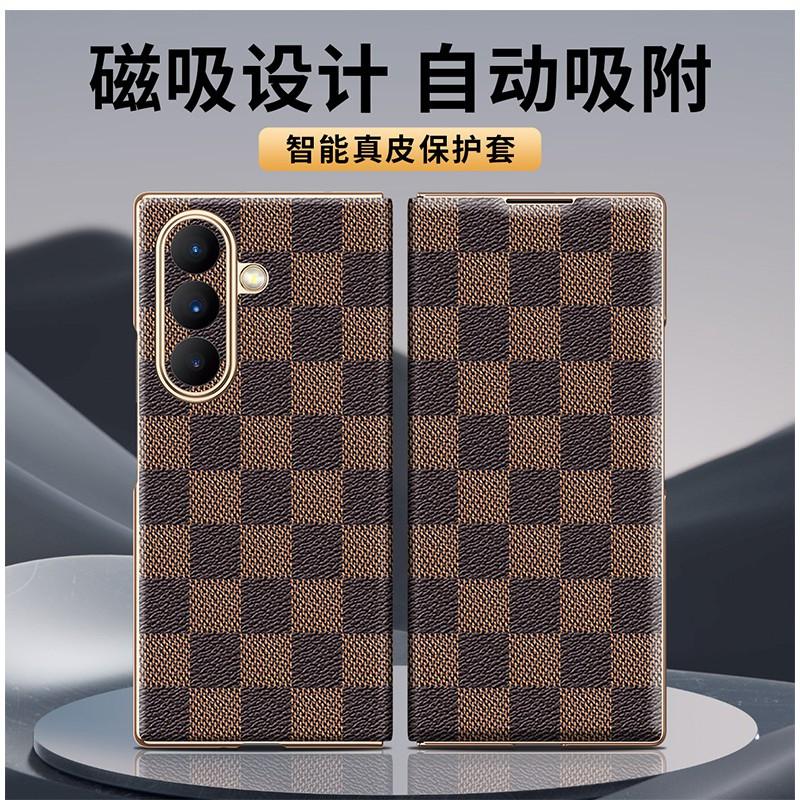 Magnetic Flip Leather Case Galaxy Z Fold7 W26 W25 Gold-Plated Edge Genuine With Grid Shockproof Heat