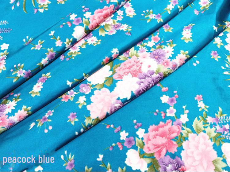 Floral Satin Print Cheongsam Pajamas with Ribbon Headdress and Lantern Kimono Quilt Fabric