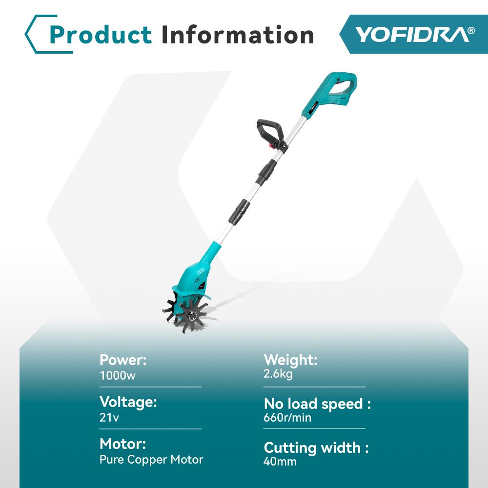 Yofidra Электрический садовый культиватор, газонокосилка, роторный культиватор для обработки почвы, садовый инструмент, подходящий для аккумуляторных штифтов Makita 18 В