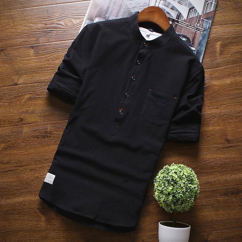 2023 Мужская модная белая льняная рубашка облегающего кроя с короткими рукавами