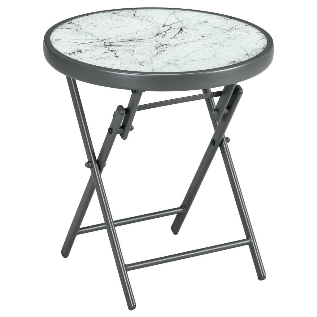 Folding Coffee Table, Tempered Glass Marble-Effect Top, Round Metal Frame, 45 x 50 cm, White