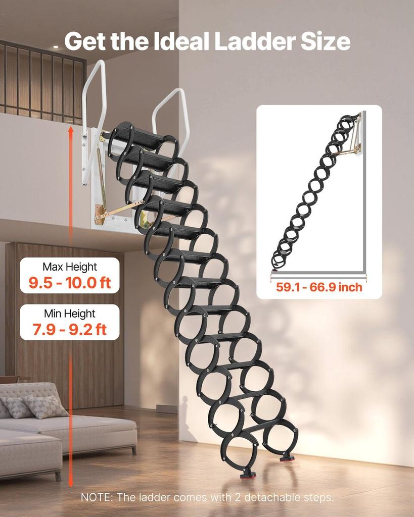 Attic Ladder Wall-Mounted, 660LBS/299.4KG Capacity, Fits 9.5 to 10 ft Ceiling Height, 12-Step Steel Folding Stairs with Handrails, Pull Down Attic