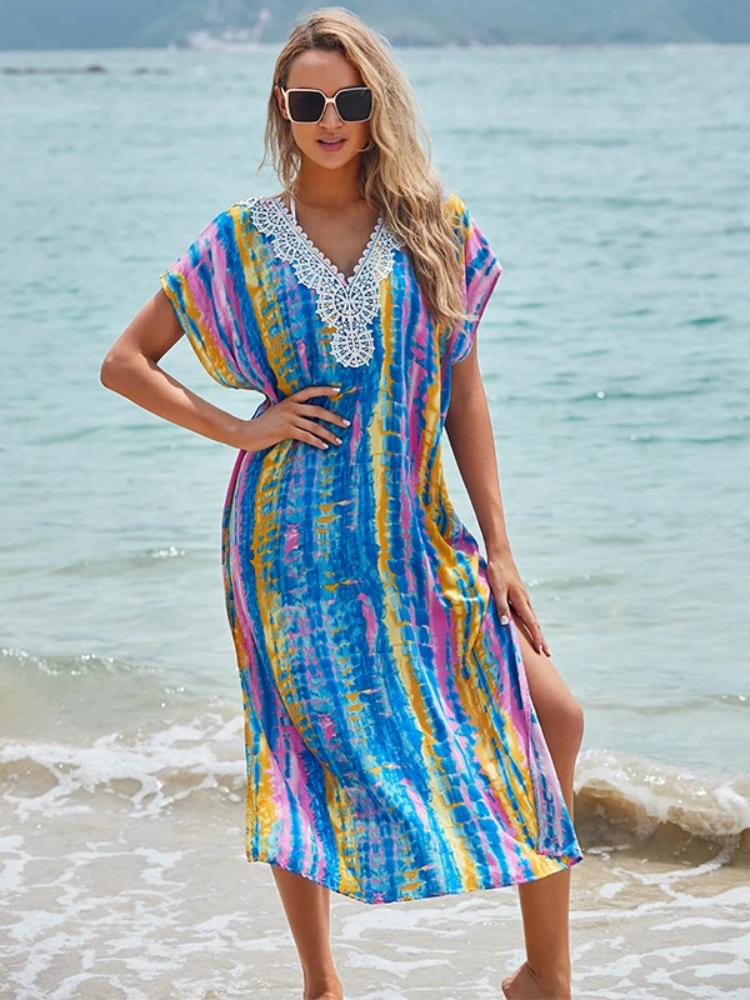 EDOLYNSA Beach Cover Up Tunics For Beach Print Chiffon Long Kaftan Bikini Cover Up Robe De Plage Sarong Beach Wrap Swimsuit CoverupQ1124