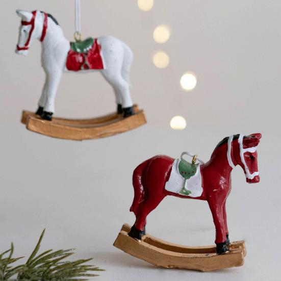 Christmas Hanging Horse Figurines Resin Rocking White Horse Ornament Eye-catching Festive Atmosphere Decorations