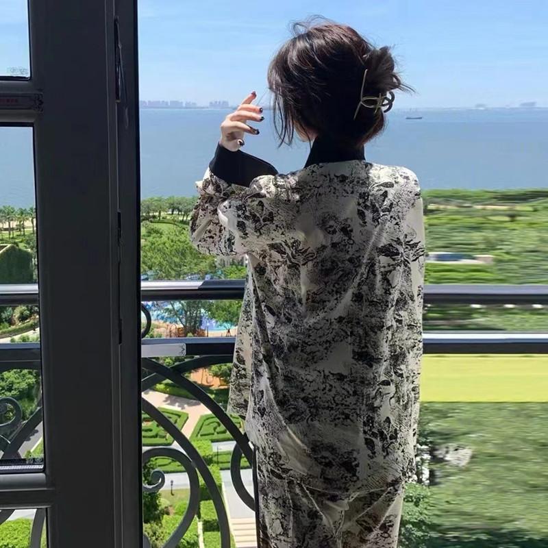 Women's Three-Piece Senior Sense Ice Silk Pajamas Long-Sleeved Shawls Summer Homewear Female Halter Trousers Lace Nightgown