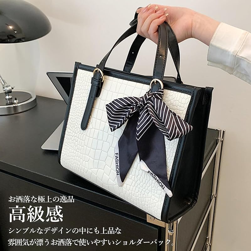 [enoco land] женская сумка-тоут для поездок на работу в школу, большая вместимость, осенняя координация для взрослых, крокодиловый узор, элегантность с лентой (черный)