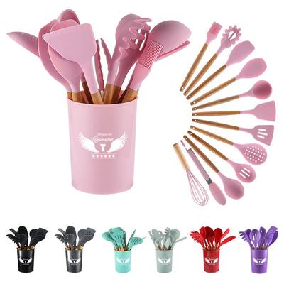 Набор из 12 силиконовых кухонных принадлежностей с деревянными ручками - Включает лопатку, ложку с прорезями, лопатку для жарки и инструменты для выпечки