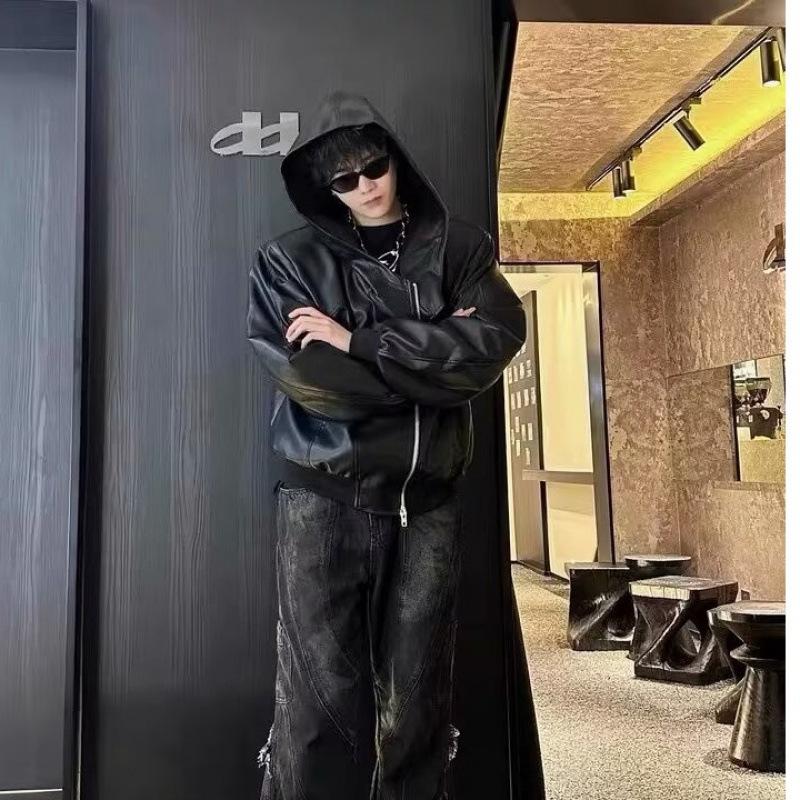 Autumn and winter niche deconstruction zipper hooded PU leather jacket loose scimitar sleeve design sense coat men